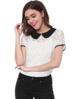 Allegra K Women's Contrast Peter Pan Collar Blouse Short Sleeve Sheer Lace Top -Allegra K GUEST fc0f32f4 410d 4067 81ec a178246a5a60