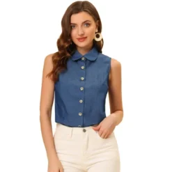 Allegra K Women's Casual Tops Sleeveless Button Down Peter Pan Collar Chambray Shirt -Allegra K GUEST fd25c068 022d 4a79 ba62 6bcf086d7955