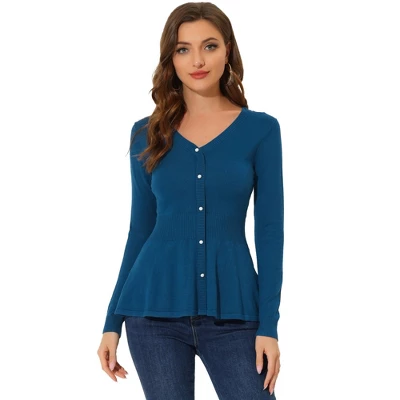 Allegra K Women's V Neck Long Sleeve Ribbed Pullover Knitted Peplum Top 15 Allegra K Women's V Neck Long Sleeve Ribbed Pullover Knitted Peplum Top - Image 15