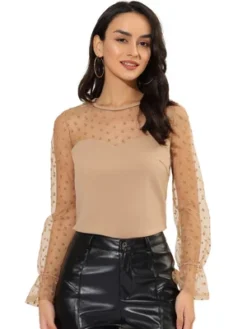 Allegra K Women's Lace Round Neck Heart Dots Sheer Long Mesh Sleeve Top -Allegra K GUEST fd72f23e 080f 4672 9e14 c4a4dae89984