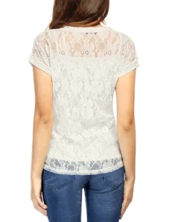 Allegra K Women Curved Hem Sheer Short Sleeves Floral Lace Blouse Top -Allegra K GUEST fde08850 62d0 41cf 920e f612adc83986