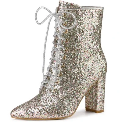 Allegra K Women's Glitter Pointed Toe Block Heel Ankle Boots 12 Allegra K Women's Glitter Pointed Toe Block Heel Ankle Boots - Image 12