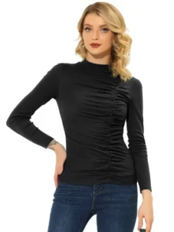 Allegra K Women's Long Sleeve High Neck Blouse Ruched Front Fitted Blouse Top -Allegra K GUEST fdea9b76 75d6 4bbc 9172 3b2813b266dc