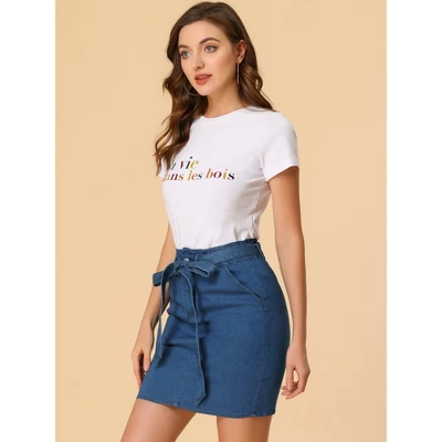 Allegra K Women's Summer High Waist Paper Bag Elastic Knot Belted Denim Skirt 2 Allegra K Women's Summer High Waist Paper Bag Elastic Knot Belted Denim Skirt - Image 2