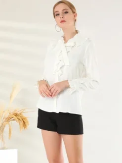 Allegra K Women's Ruffle Tie Neck Ruffle Cuff Button Front Solid Work Shirt -Allegra K GUEST fea032c3 7ae2 418d a02b dfc787112f6c