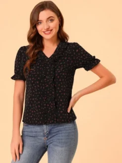 Allegra K Women's Short Sleeve Ruffle V Neck Cherry Printed Vintage Floral Summer Peasant Blouse