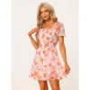 Allegra K Women's Floral Print Square Neck High Waist Summer Mini Dress