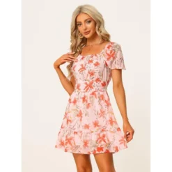 Allegra K Women's Floral Print Square Neck High Waist Summer Mini Dress