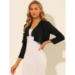 Allegra K Women's Elegant Open Front Drape 3/4 Sleeve Crop Bolero Shrug