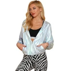Allegra K Women's Holographic Shiny Long Sleeve Zipper Hooded Metallic Jacket -Allegra K GUEST ffb68f9a 0eea 4ffd b6cf 52839fc9f0f2