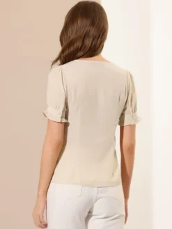 Allegra K Women's Round Neck Short Puff Sleeve Pleated Office Work Blouse -Allegra K GUEST fff0a59e 1bbe 496b aeb8 93052b5e7b58